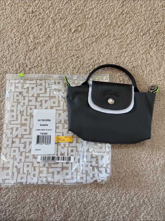 Longchamp Handbags - Longchamp Mini Le Pliage Handbag in Granite with Neon Trim